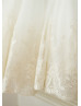 Ivory Satin Tulle Champagne Lace Cap Sleeves Tea Length Flower Girl Dress 